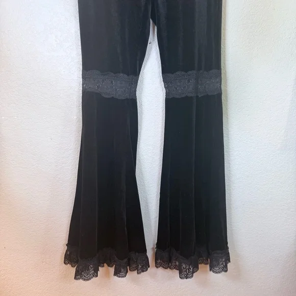 Black Velvety Lace Trim Bootcut Hippie Bohemian Festival Artsy Stretchy Pant M - Picture 3 of 10